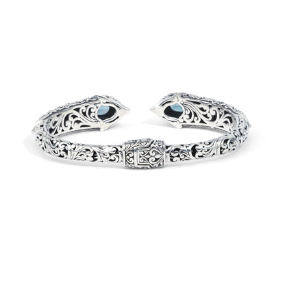 Dolphin-Inspired Balinese Sterling Silver Cuff Bracelet with Blue Topaz and 18K Gold Accents