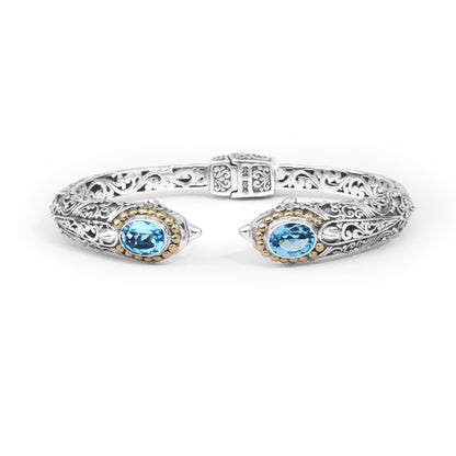 Dolphin-Inspired Balinese Sterling Silver Cuff Bracelet with Blue Topaz and 18K Gold Accents
