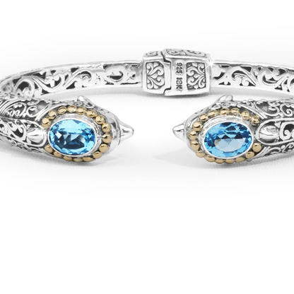 Dolphin-Inspired Balinese Sterling Silver Cuff Bracelet with Blue Topaz and 18K Gold Accents