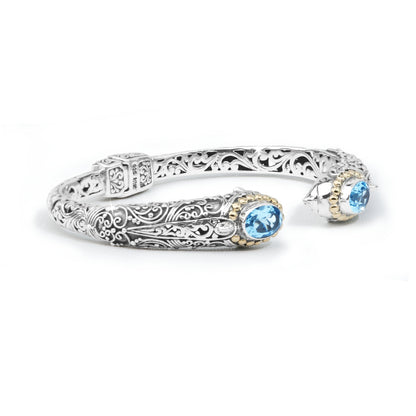 Dolphin-Inspired Balinese Sterling Silver Cuff Bracelet with Blue Topaz and 18K Gold Accents