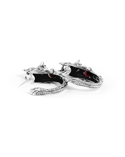 Dragon Head Garnet Silver Hoop Earrings