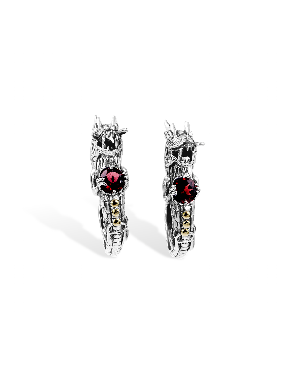 Dragon Head Garnet Silver Hoop Earrings
