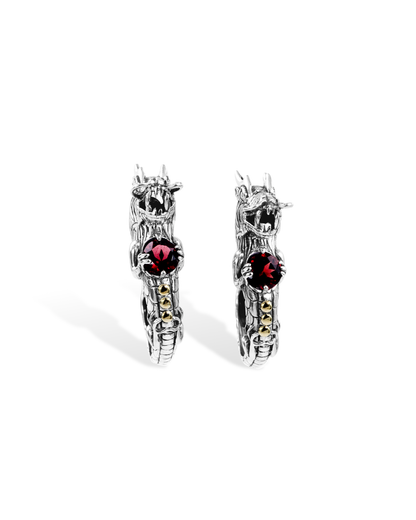 Dragon Head Garnet Silver Hoop Earrings