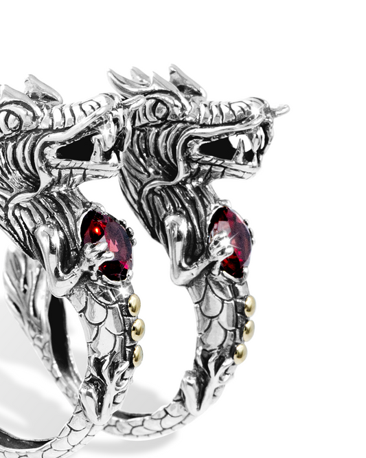 Dragon Head Garnet Silver Hoop Earrings