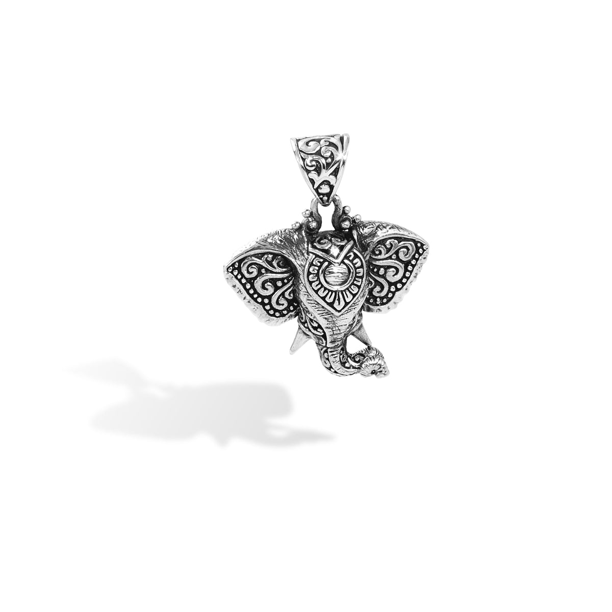 Balinese Silver Elephant Pendant with Ornate Scrollwork