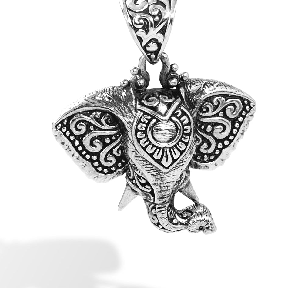 Balinese Silver Elephant Pendant with Ornate Scrollwork