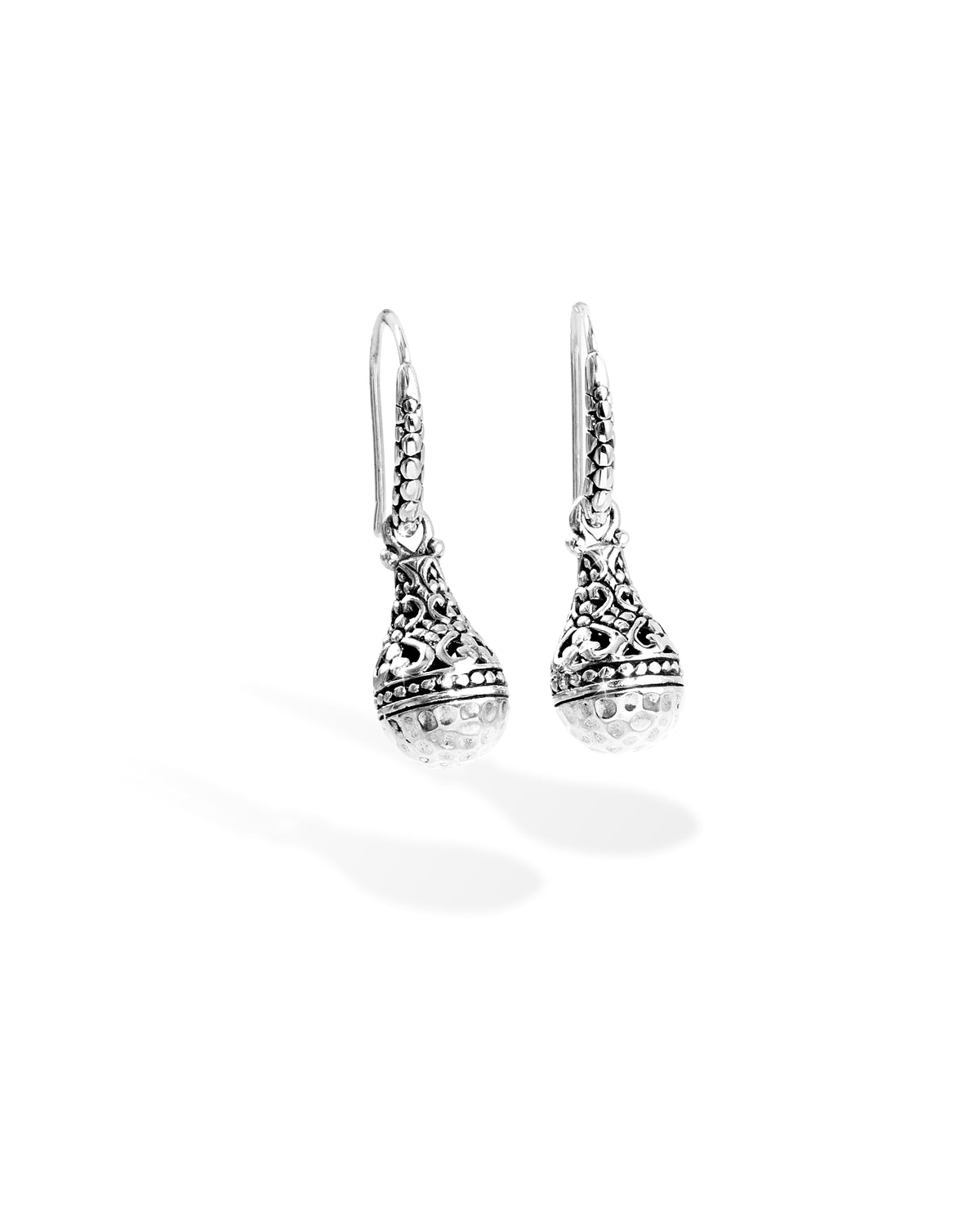 Balinese Hammered Silver Ball Drop Earrings with Ornate Floral Filigree and Fishhook Design