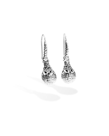 Balinese Hammered Silver Ball Drop Earrings with Ornate Floral Filigree and Fishhook Design