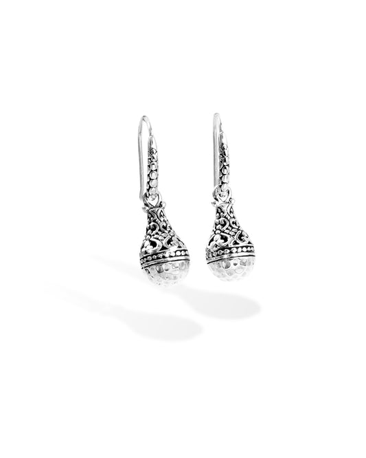 Balinese Hammered Silver Ball Drop Earrings with Ornate Floral Filigree and Fishhook Design