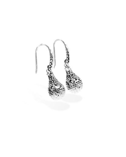 Balinese Hammered Silver Ball Drop Earrings with Ornate Floral Filigree and Fishhook Design