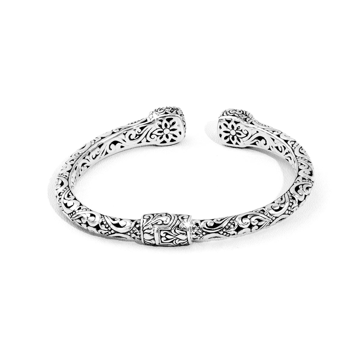Ornate Balinese Filigree Silver Cuff with 18K Gold Floral Accents