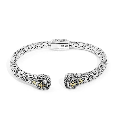 Ornate Balinese Filigree Silver Cuff with 18K Gold Floral Accents
