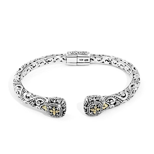 Ornate Balinese Filigree Silver Cuff with 18K Gold Floral Accents
