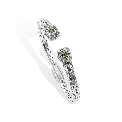 Ornate Balinese Filigree Silver Cuff with 18K Gold Floral Accents