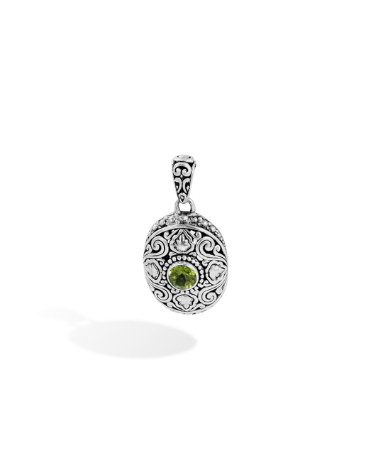 Filigree Peridot Silver Pendant with Balinese Scrollwork