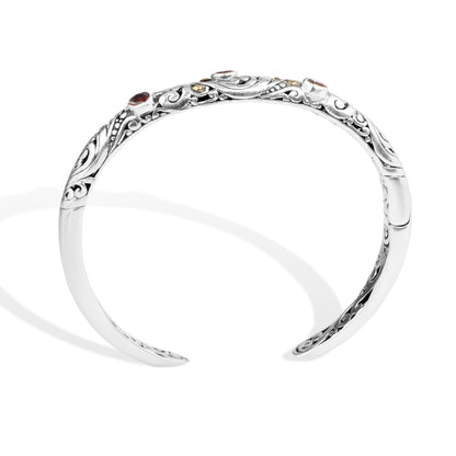 Balinese Garnet Sterling Silver Cuff Bracelet with 18K Gold Accents and Ornate Scrollwork