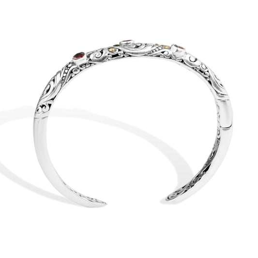 Balinese Garnet Sterling Silver Cuff Bracelet with 18K Gold Accents and Ornate Scrollwork