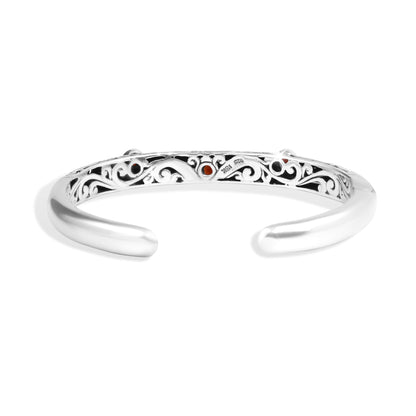 Balinese Garnet Sterling Silver Cuff Bracelet with 18K Gold Accents and Ornate Scrollwork
