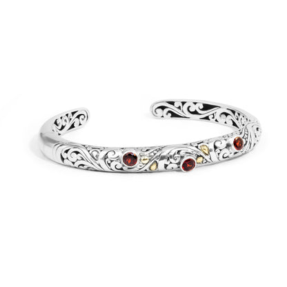 Balinese Garnet Sterling Silver Cuff Bracelet with 18K Gold Accents and Ornate Scrollwork