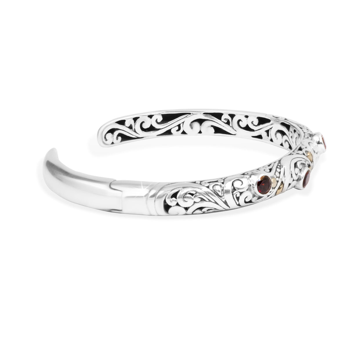 Balinese Garnet Sterling Silver Cuff Bracelet with 18K Gold Accents and Ornate Scrollwork