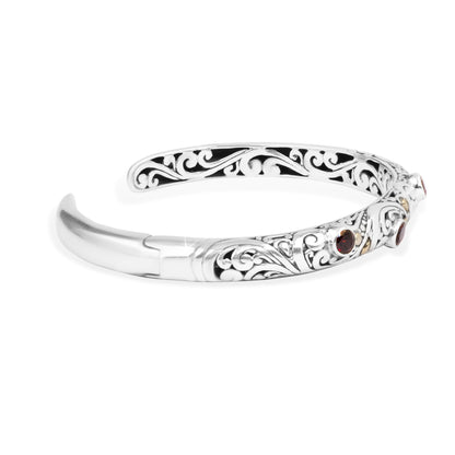 Balinese Garnet Sterling Silver Cuff Bracelet with 18K Gold Accents and Ornate Scrollwork