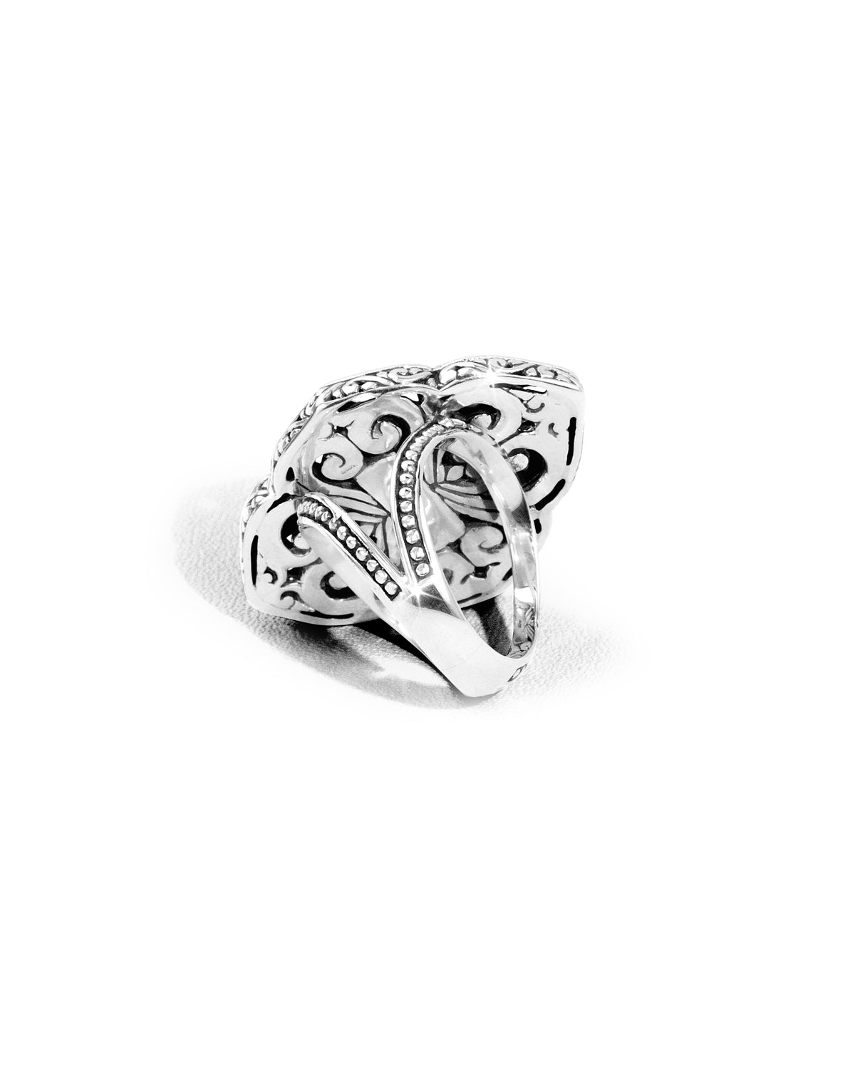 Balinese Geometric Floral Openwork Sterling Silver 925 Statement Ring with Hammered Marquise Center Description: