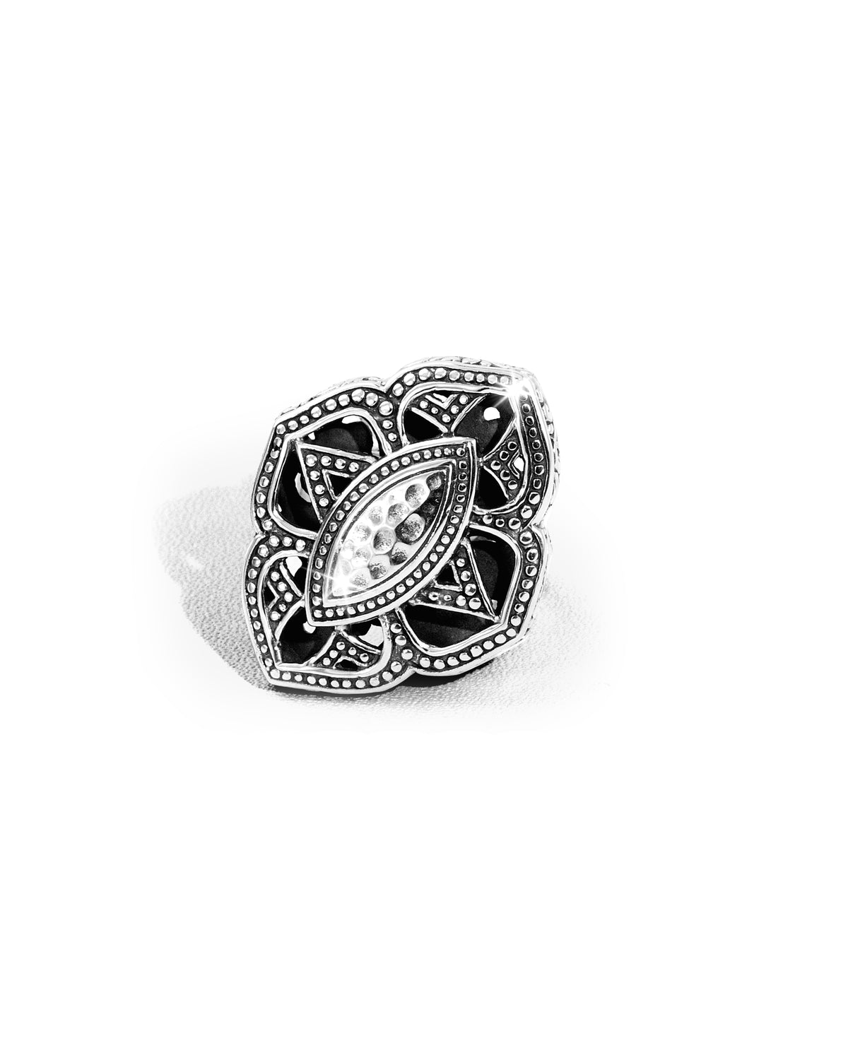 Balinese Geometric Floral Openwork Sterling Silver 925 Statement Ring with Hammered Marquise Center Description:
