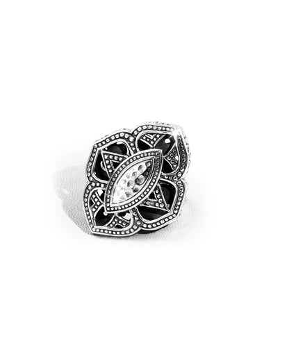 Balinese Geometric Floral Openwork Sterling Silver 925 Statement Ring with Hammered Marquise Center Description: