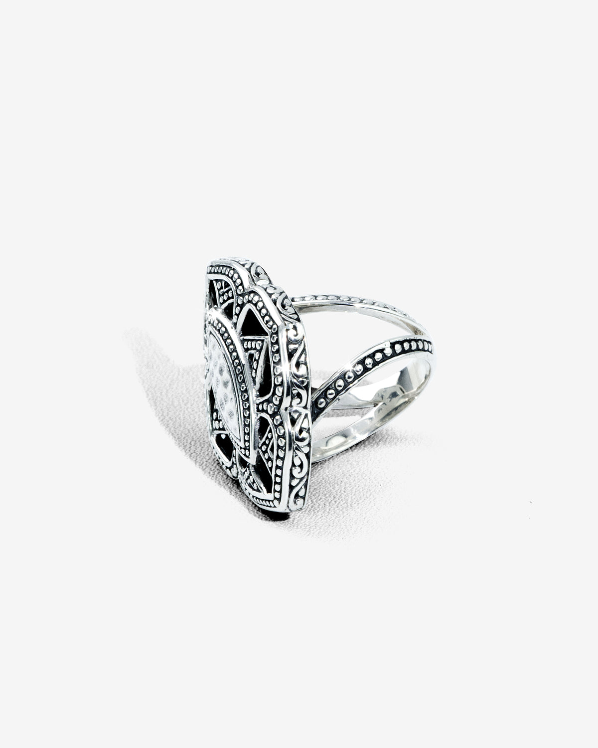 Balinese Geometric Floral Openwork Sterling Silver 925 Statement Ring with Hammered Marquise Center Description: