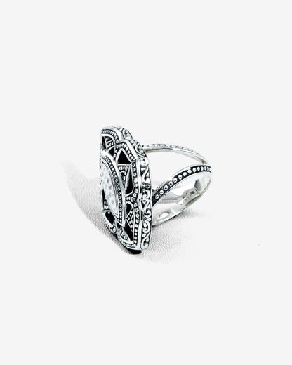 Balinese Geometric Floral Openwork Sterling Silver 925 Statement Ring with Hammered Marquise Center Description: