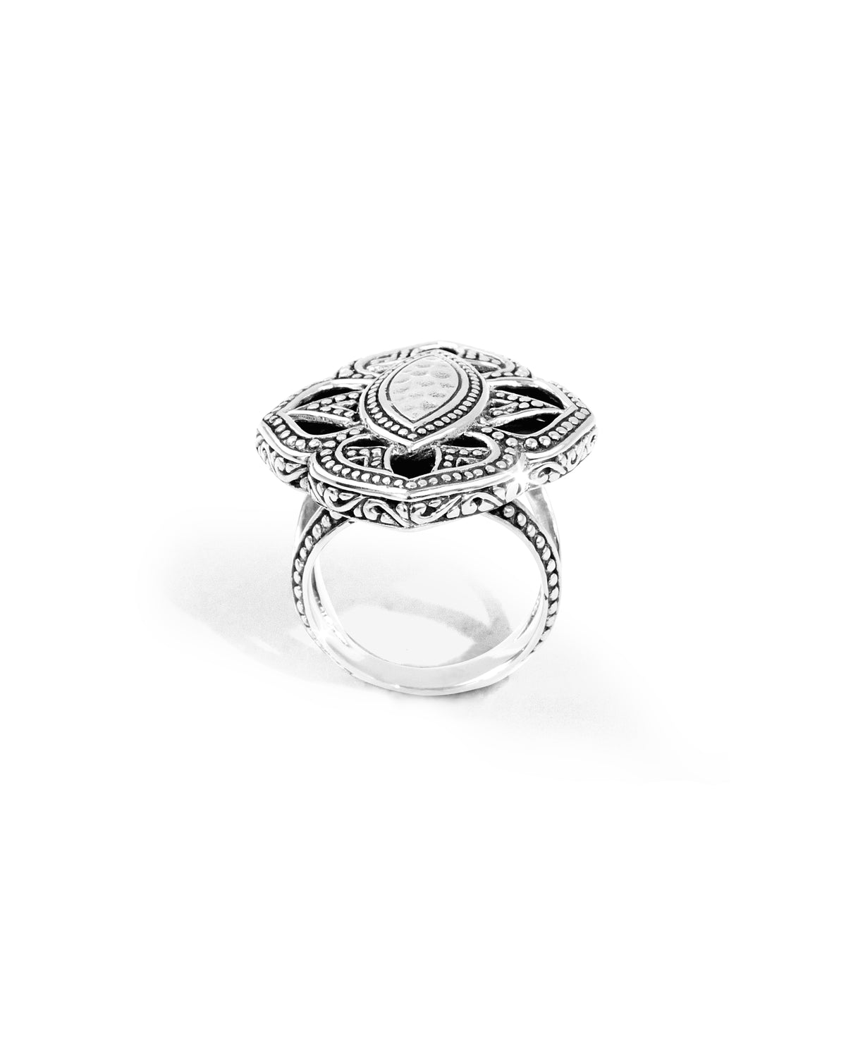 Balinese Geometric Floral Openwork Sterling Silver 925 Statement Ring with Hammered Marquise Center Description: