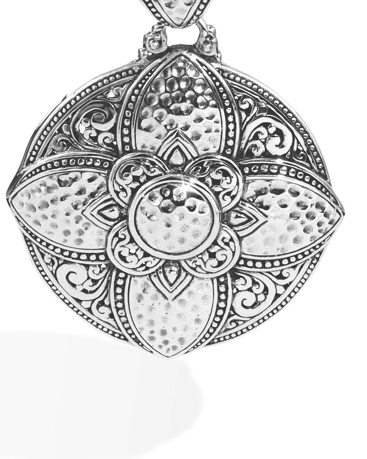 Ornate Balinese Silver Flower Pendant with Handcrafted Scrollwork