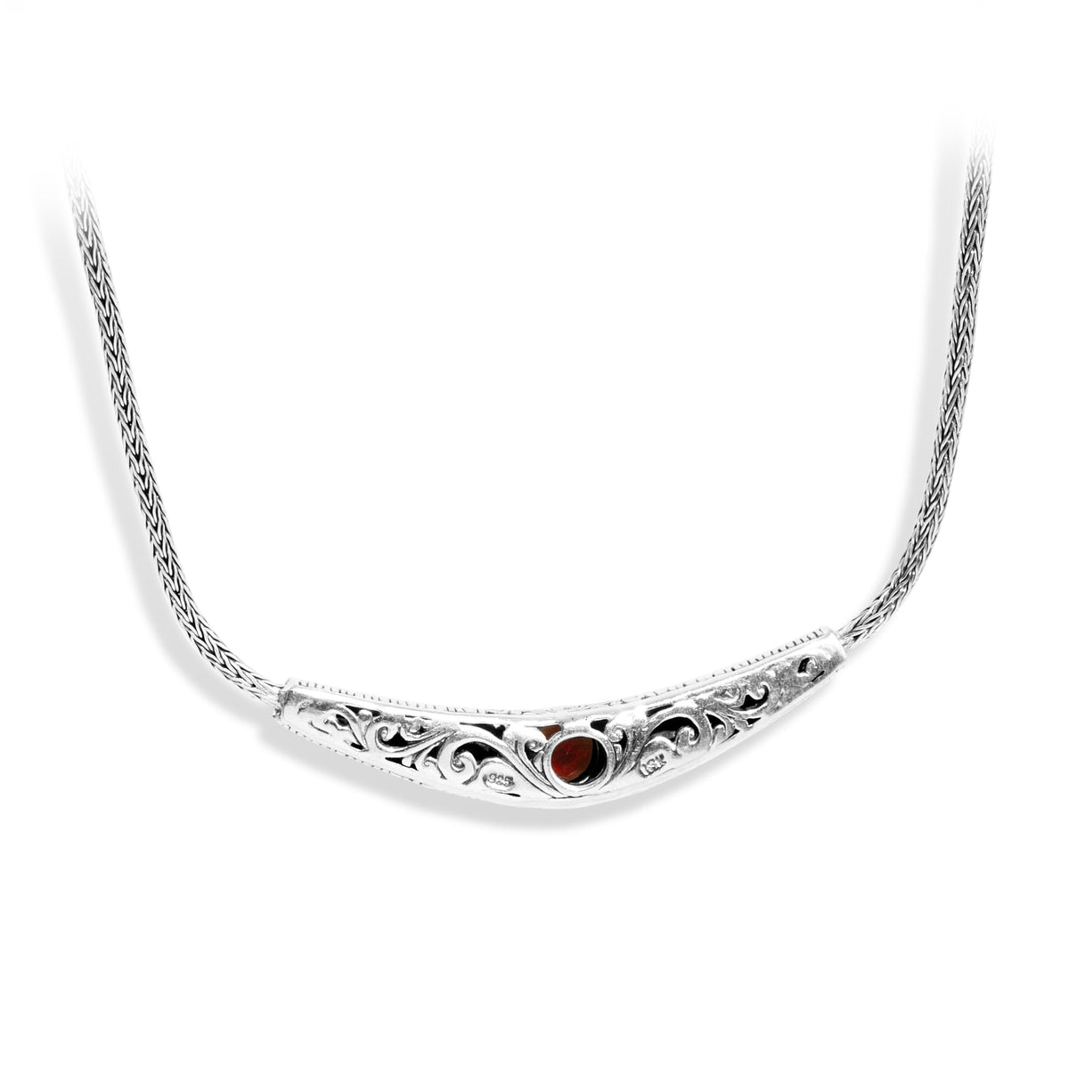 Balinese Hand Carved Sterling Silver 925 Necklace with Round Garnet Gemstone and 18K Gold Accents