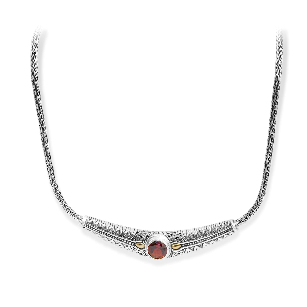 Balinese Hand Carved Sterling Silver 925 Necklace with Round Garnet Gemstone and 18K Gold Accents