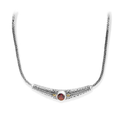 Balinese Hand Carved Sterling Silver 925 Necklace with Round Garnet Gemstone and 18K Gold Accents