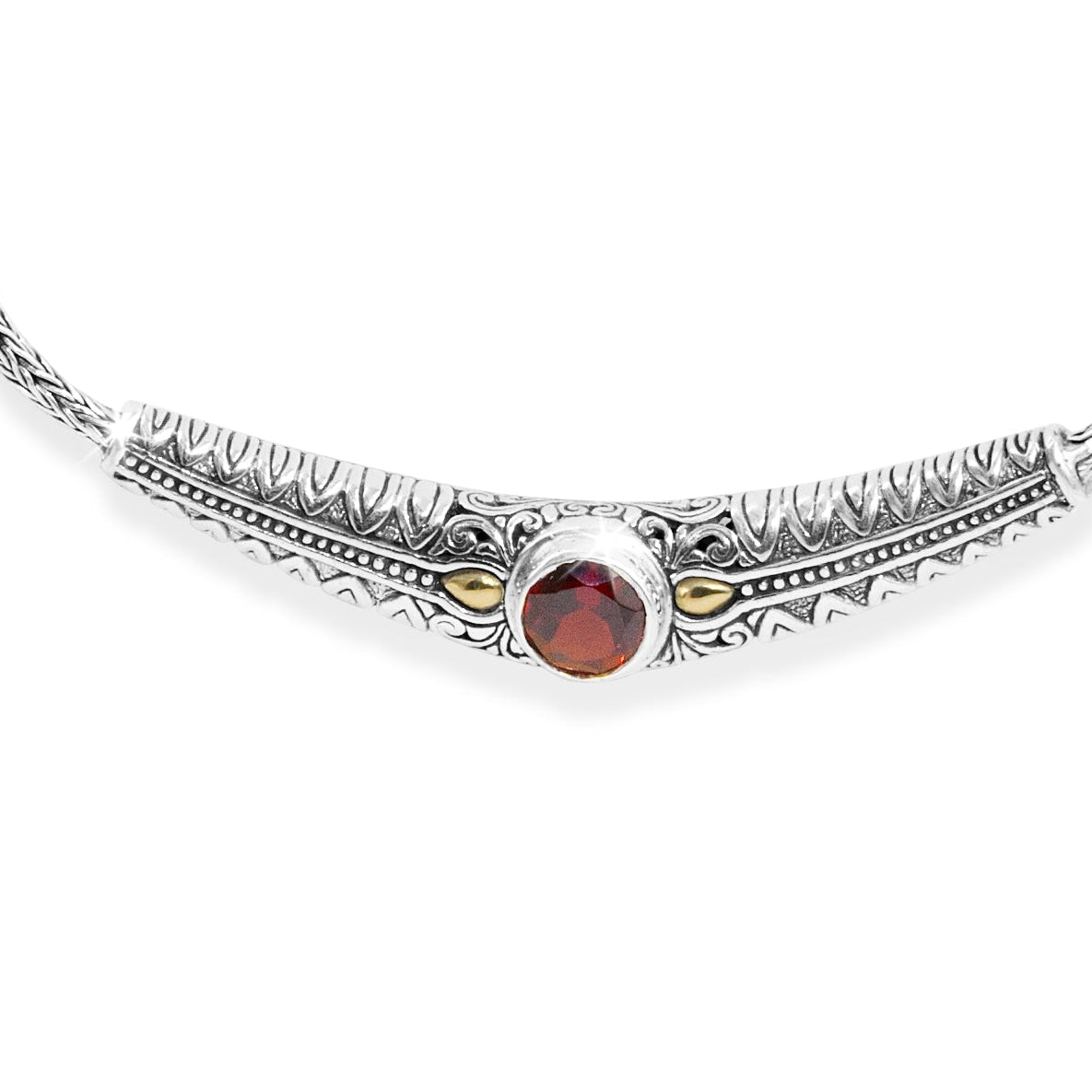 Balinese Hand Carved Sterling Silver 925 Necklace with Round Garnet Gemstone and 18K Gold Accents
