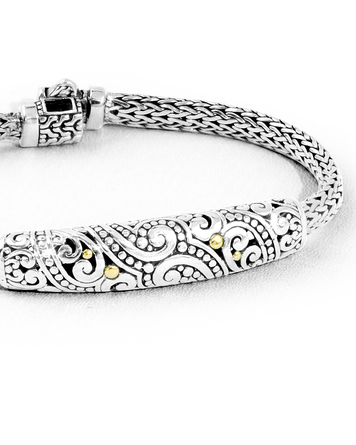 Balinese Scrollwork Silver Bracelet with 18K Gold Dots