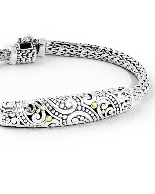 Balinese Scrollwork Silver Bracelet with 18K Gold Dots