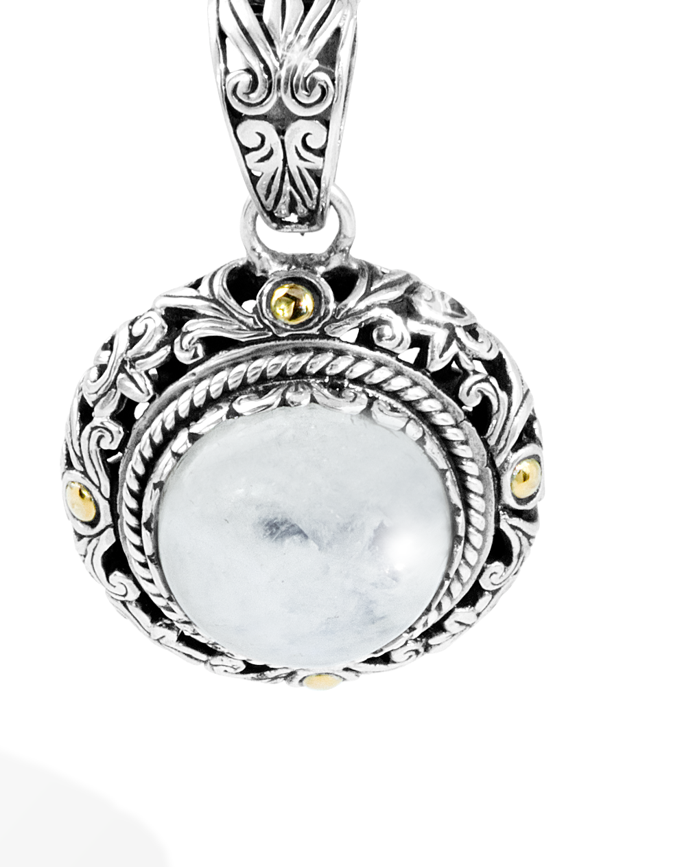Balinese Silver Rainbow Moonstone Pendant with 18K Gold Accents