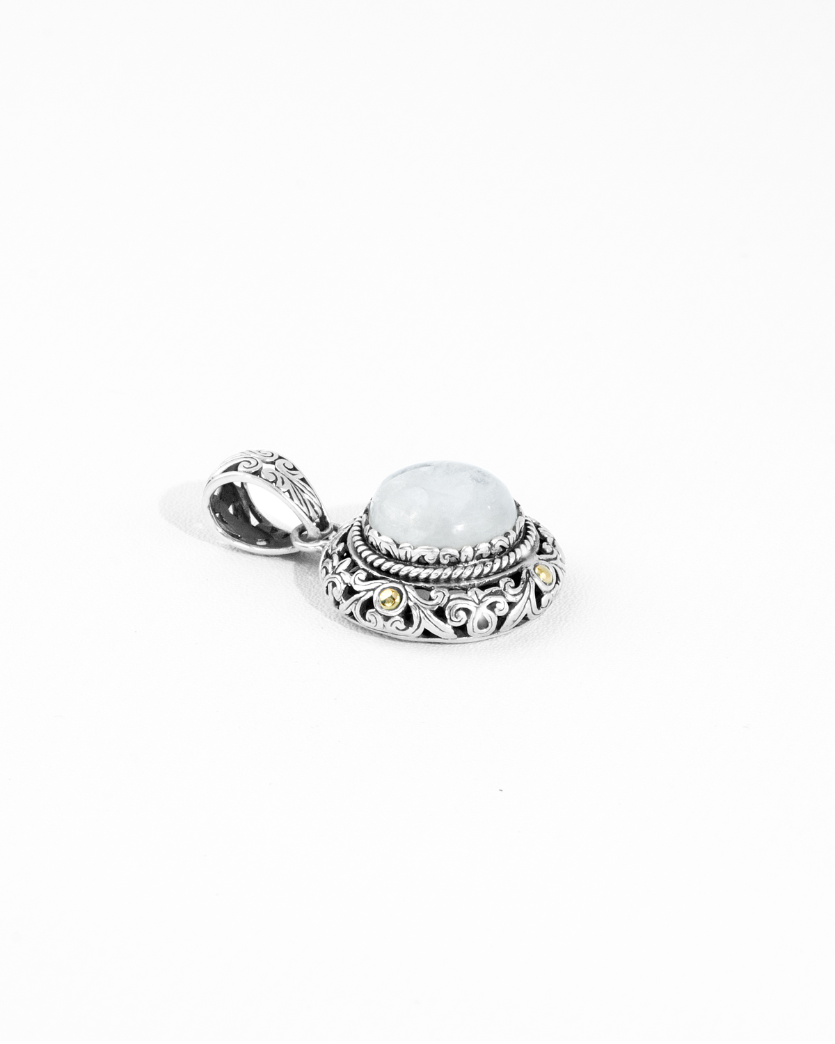 Balinese Silver Rainbow Moonstone Pendant with 18K Gold Accents