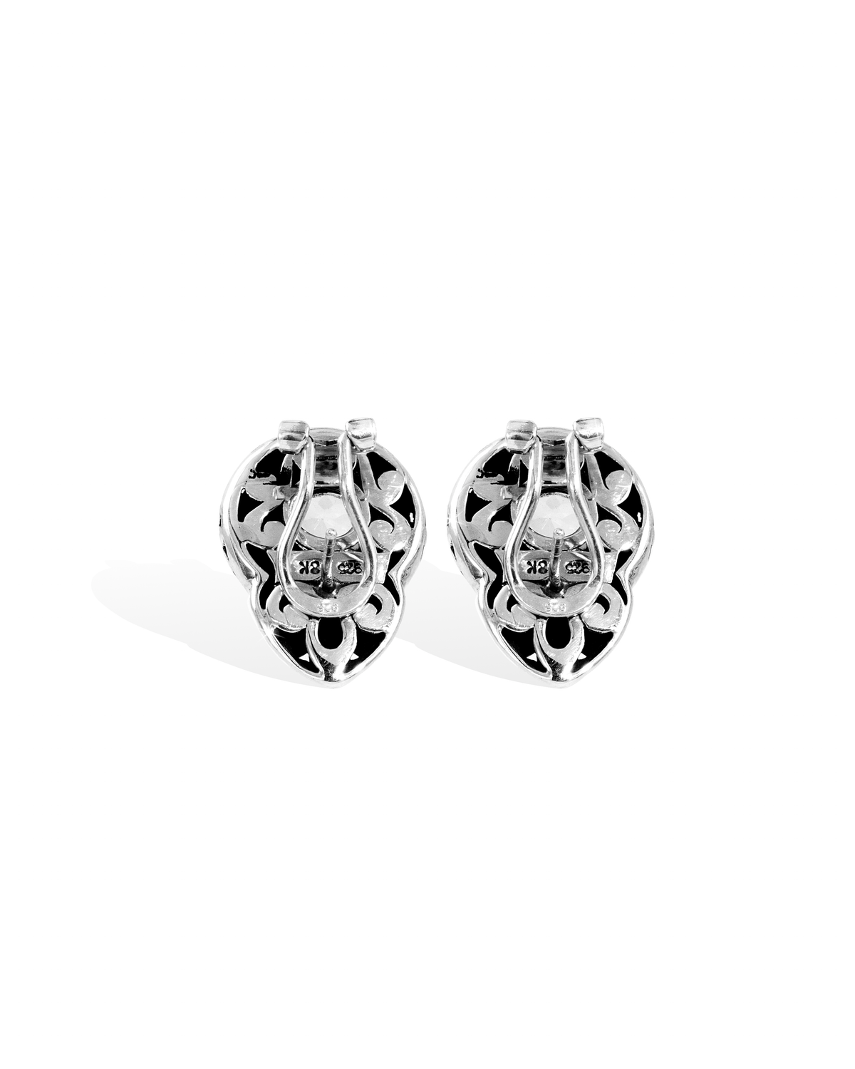 Green Round-Cut Gemstone Earrings with Floral Silver Carving & 18K Gold