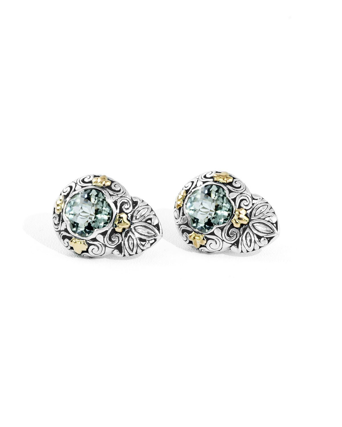 Green Round-Cut Gemstone Earrings with Floral Silver Carving & 18K Gold