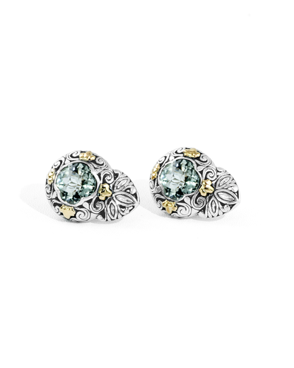 Green Round-Cut Gemstone Earrings with Floral Silver Carving & 18K Gold