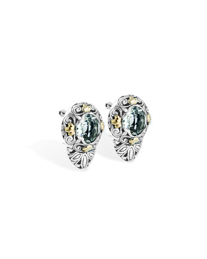 Green Round-Cut Gemstone Earrings with Floral Silver Carving & 18K Gold