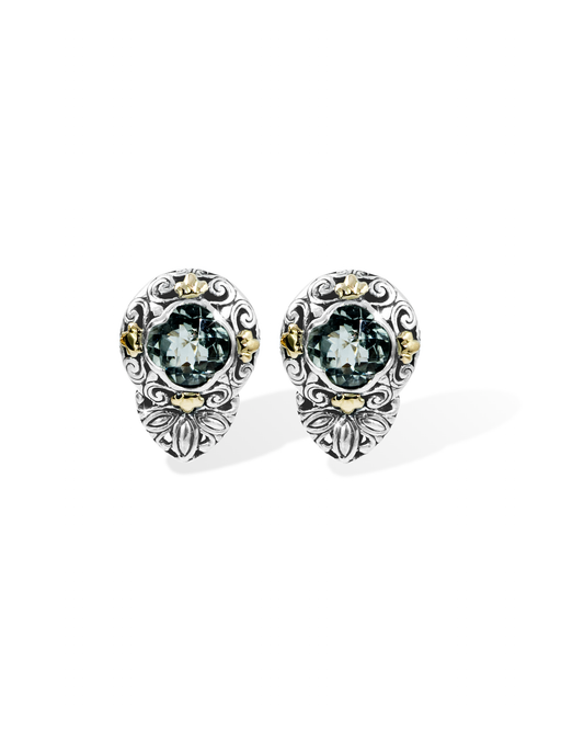 Green Round-Cut Gemstone Earrings with Floral Silver Carving & 18K Gold