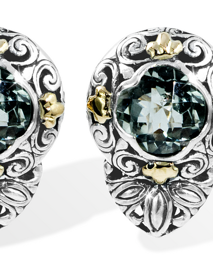 Green Round-Cut Gemstone Earrings with Floral Silver Carving & 18K Gold