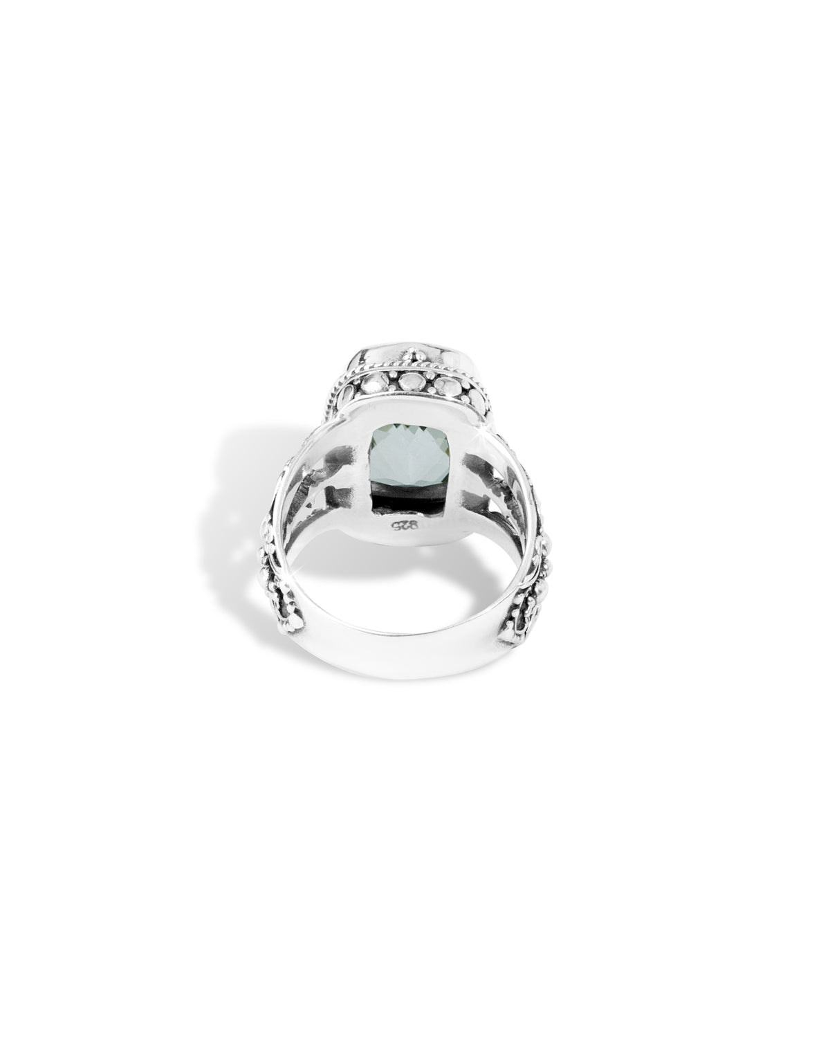 Green Amethyst Balinese Sterling Silver Statement Ring with Ornate Split Shank Product Description