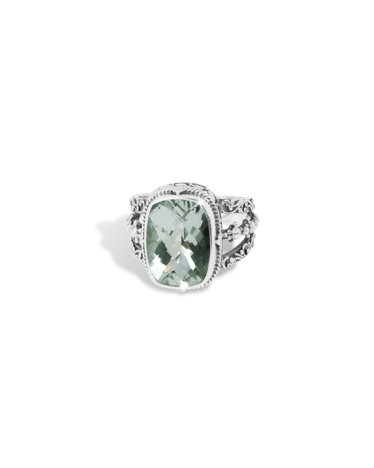 Green Amethyst Balinese Sterling Silver Statement Ring with Ornate Split Shank Product Description