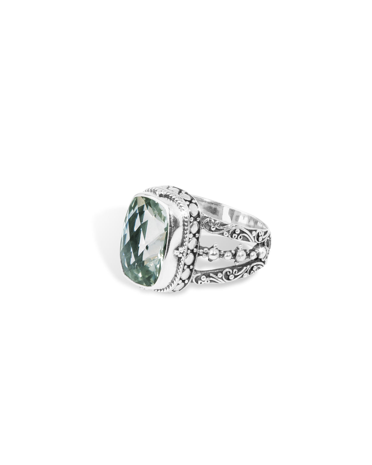 Green Amethyst Balinese Sterling Silver Statement Ring with Ornate Split Shank Product Description
