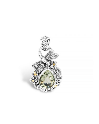 Green Amethyst Dragonfly Balinese Sterling Silver Pendant with 18K Gold Accents